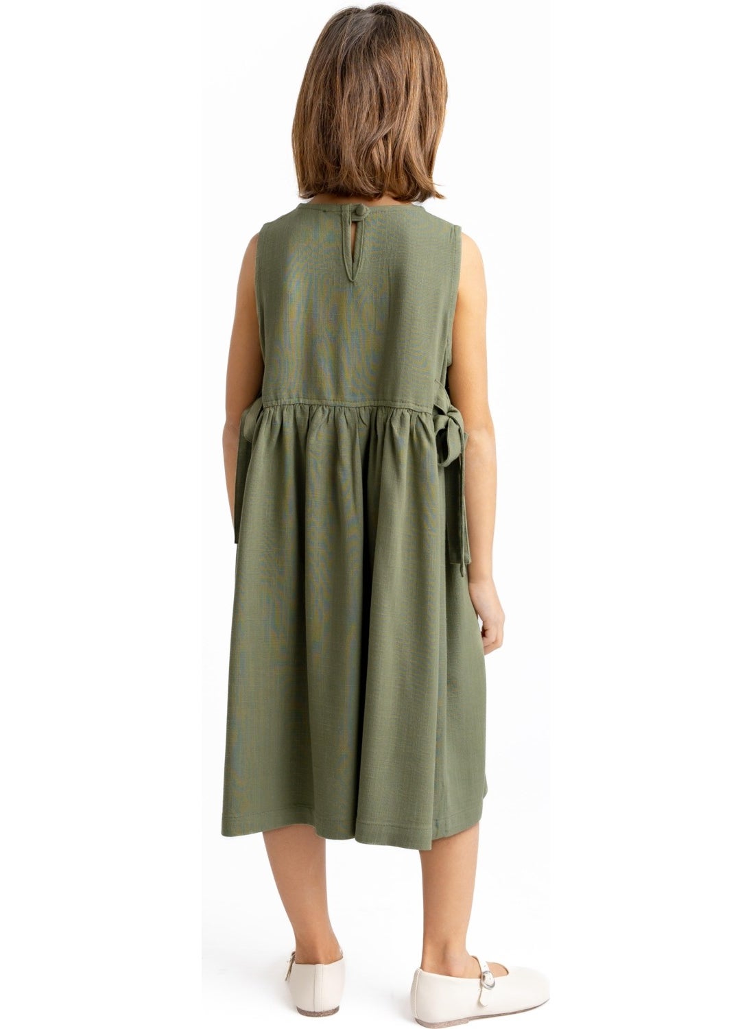 Oliven The Kid - Embroidered Front Side Tie Linen Dress Khaki - Image 1