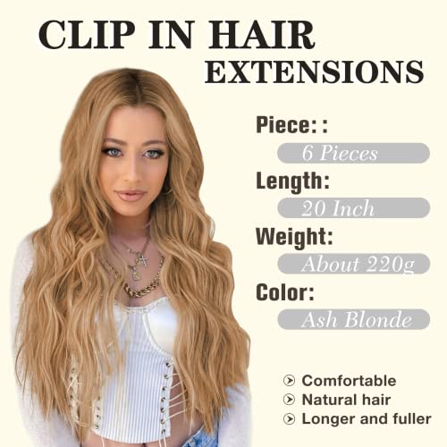 NAYOO Clip in Hair Extensions for Women 20 Inch Long Wavy curly Ash Blonde Hairpieces Full Head Synthetic Hair Hairpieces 6PCS Ash Blonde - Image 3