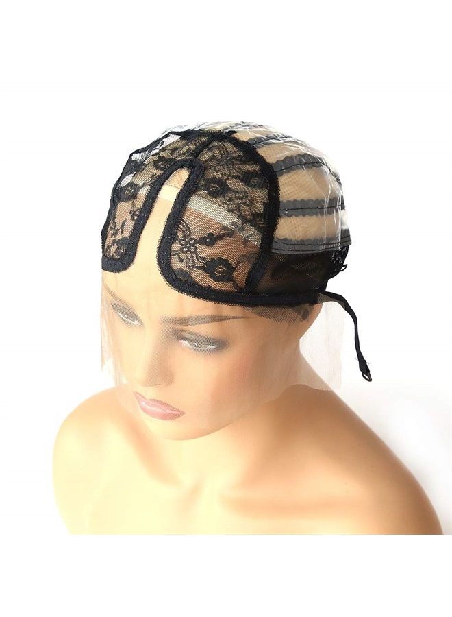 U Part Wig Cap with Lace for Wigs Making with Adjustable Strap Middle Part Medium Size Black Weaving Wig Cap for Women and Girls DIY Wigs (1 Pc, 0051)