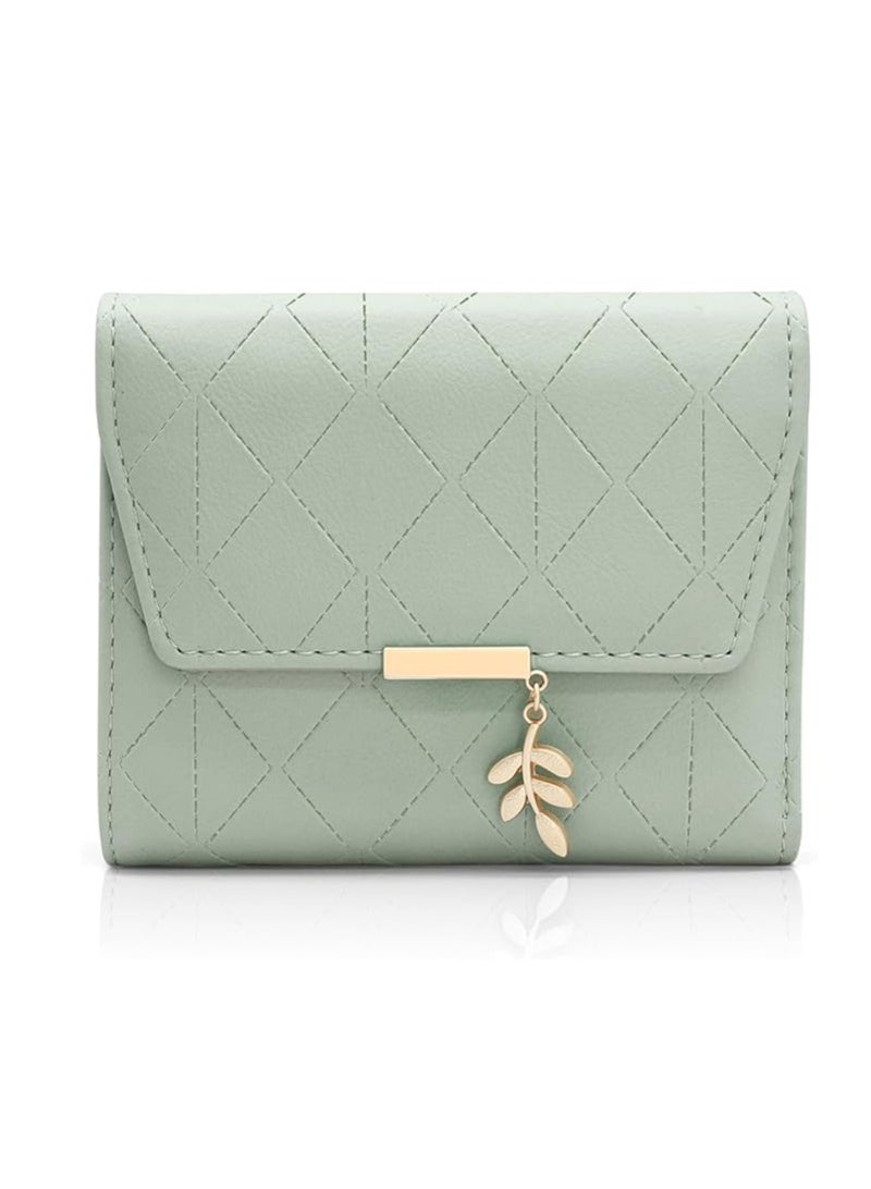 PU Leather Wallet, Ladies Purse Wallet, Small Womens Wallet with Pendant, Ladies Bifold Leaf Pendant Coin Small Purse, 6 Card Slots Wallet for Women (Green) - Image 1