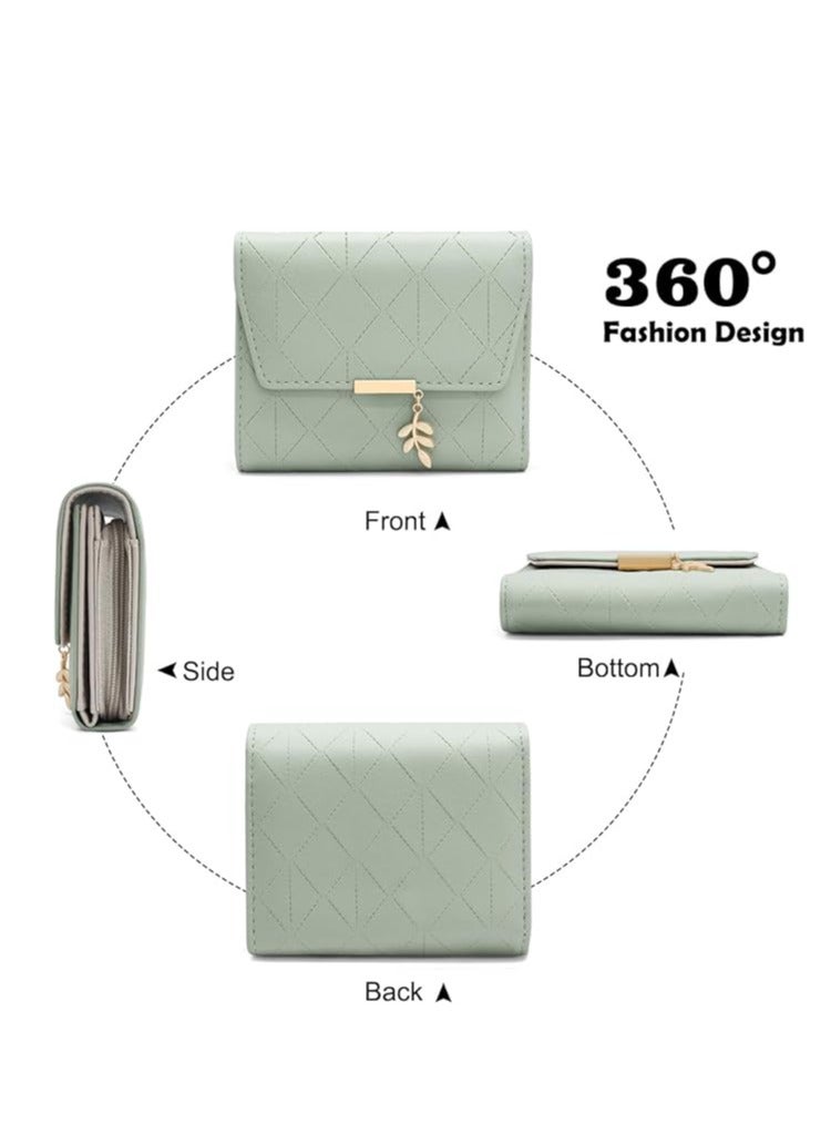 PU Leather Wallet, Ladies Purse Wallet, Small Womens Wallet with Pendant, Ladies Bifold Leaf Pendant Coin Small Purse, 6 Card Slots Wallet for Women (Green) - Image 3