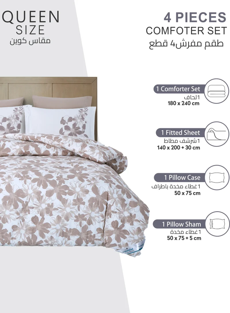 Donetella Printed Comforter Set 4-Pcs Queen Size All Season Bed Fits(140 X 200 Cm)Bedding Set With Removable Filler And Down Alternative Filling, Platinum