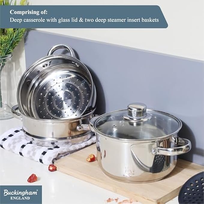 Buckingham 3 Tier Premier Steamer Set with Glass Lid Polished Mirror Finish Stainless Steel Ideal for Steamer Cooking Induction Compatible Silver - Image 3