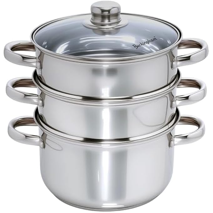 Buckingham 3 Tier Premier Steamer Set with Glass Lid Polished Mirror Finish Stainless Steel Ideal for Steamer Cooking Induction Compatible Silver - Image 1