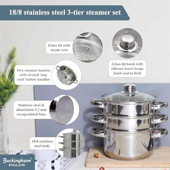 Buckingham 3 Tier Premier Steamer Set with Glass Lid Polished Mirror Finish Stainless Steel Ideal for Steamer Cooking Induction Compatible Silver - Image 5
