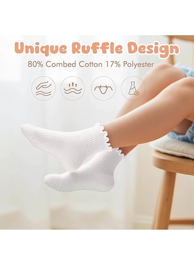 انويي 6 أزواج جوارب أطفال مانعة للانزلاق مزينة بتفاصيل كشكش، مناسبة للفتيات والأولاد للأعمار 0-1 سنة، 1-3 سنوات، 3-5 سنوات، باللون الأبيض - Image 4