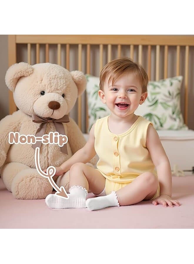 انويي 6 أزواج جوارب أطفال مانعة للانزلاق مزينة بتفاصيل كشكش، مناسبة للفتيات والأولاد للأعمار 0-1 سنة، 1-3 سنوات، 3-5 سنوات، باللون الأبيض - Image 5