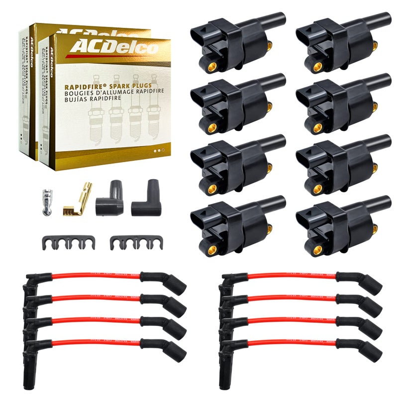 MAS Set of 8 Ignition Coils Pack Platinum Spark Plugs Wires Set Compatible with Chevy Cadillac GMC Suburban Express Silverado Sierra Camaro Avalanche Replacement for UF414 12573190