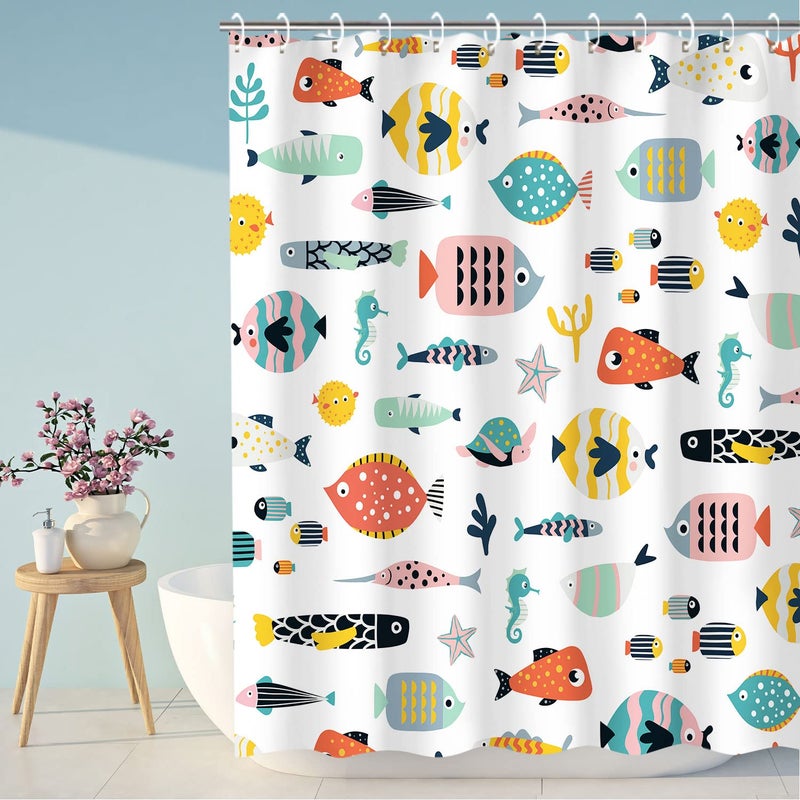 RosieLily Kids Bathroom Shower Curtain Cartoon Fish with 12 Hooks Waterproof Colorful Animal Cartoon Fish Bathroom Decor 72x72 Inch