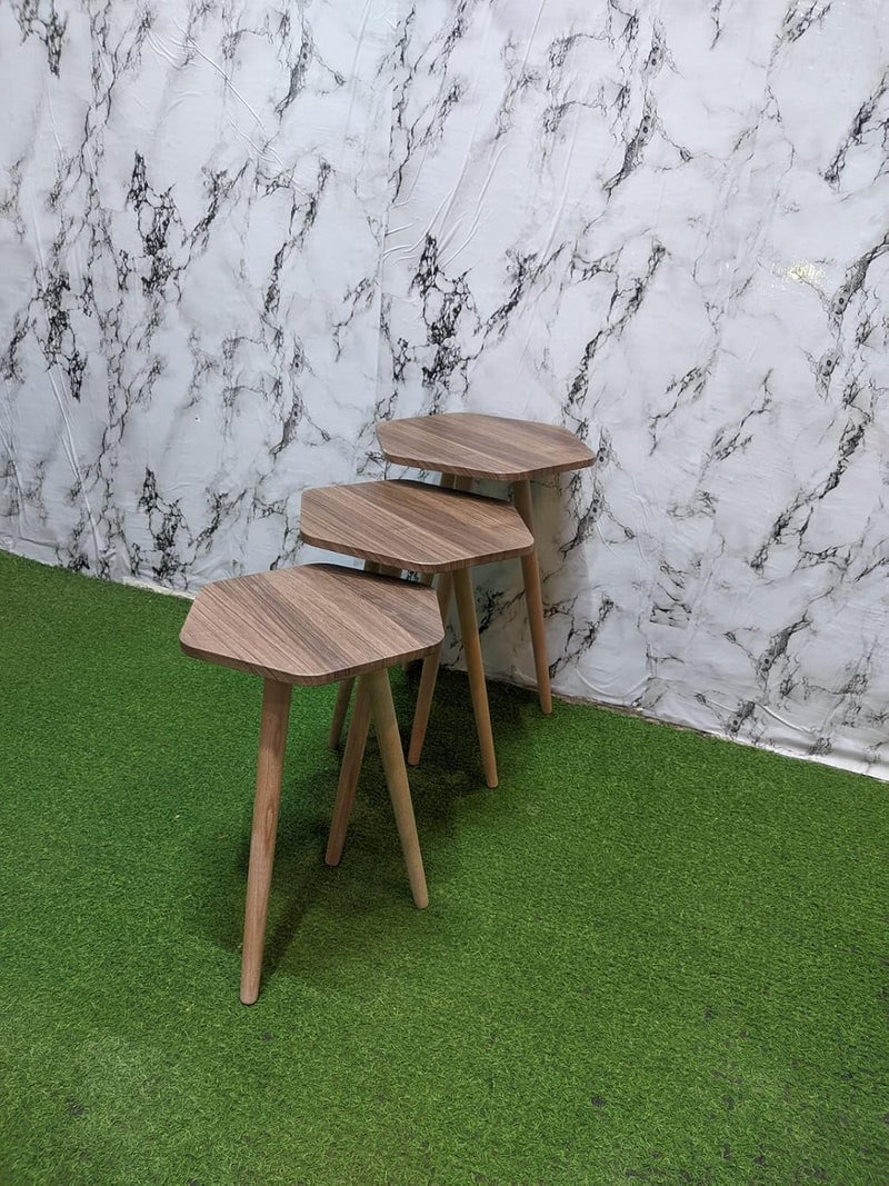 Nesting Table Set - Modern Coffee and Side Tables with Simple Design and Wooden Legs - Space Saving Design for Living Room, Bedroom or Office (Hexagonal Design - 1)