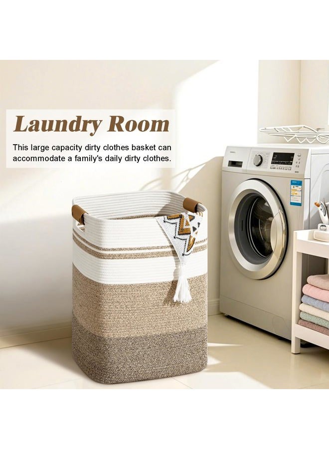 Degeyoyo Laundry Hamper, 95L Tall Laundry Basket with Leather Handles, Rectangle Large Clothes Hamper for Organizing, Cotton Woven Laundry Baskets Storage Hampers for Bedroom, Nursery, Living Room - Image 2