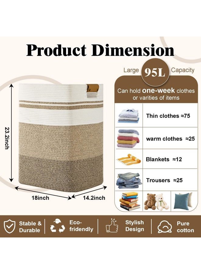 Degeyoyo Laundry Hamper, 95L Tall Laundry Basket with Leather Handles, Rectangle Large Clothes Hamper for Organizing, Cotton Woven Laundry Baskets Storage Hampers for Bedroom, Nursery, Living Room - Image 3