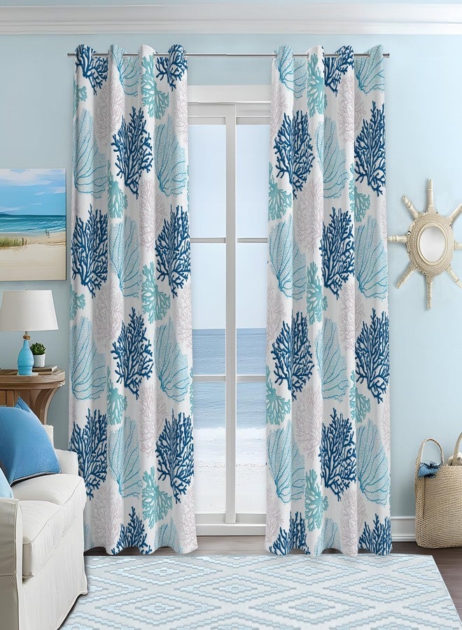 weesire Nautical Coastal Curtains Decorative Beach Ocean Coral 50% Light Blocking Sea Darkening Grommet Curtain for Villa Living Room, Bedroom Navy Blue and White 2 Panels Set, 52x63 Inches - Image 1