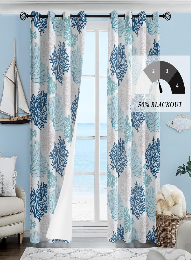 weesire Nautical Coastal Curtains Decorative Beach Ocean Coral 50% Light Blocking Sea Darkening Grommet Curtain for Villa Living Room, Bedroom Navy Blue and White 2 Panels Set, 52x63 Inches - Image 2