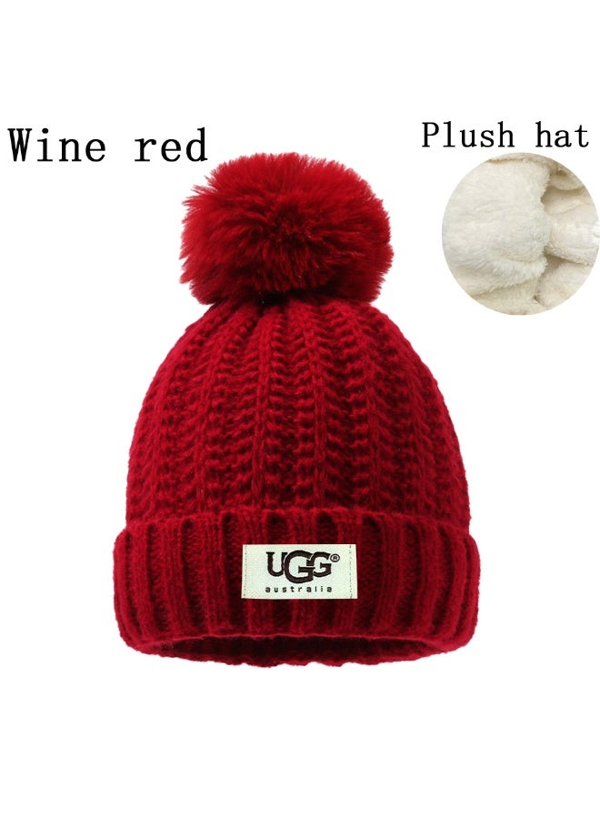 UGG Wine Red Knit Beanie with Fluffy Pom-Pom - Plush Lined Winter Warm Hat 615Size