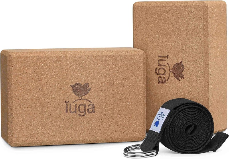 IUGA كتل اليوغا 2 عبوة مع حزام غير قابل للانزلاق بكثافة عالية 9"x6"x3" كتلة يوغا صلبة وفلينية مع حزام يوغا لتحسين القوة والتوازن لليوغا والبيلاتس والتأمل - Image 1