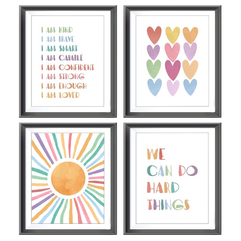 AEHIE I am Kind Brave Smart Affirmations Colorful Sun Sunshine Hearts Poster Prints for Girls Kids Room Playroom Decor Girl Nursery Decorations Prints Wall Art Unframed 4pcs 8x10inches Girls Kids Gifts - Image 1