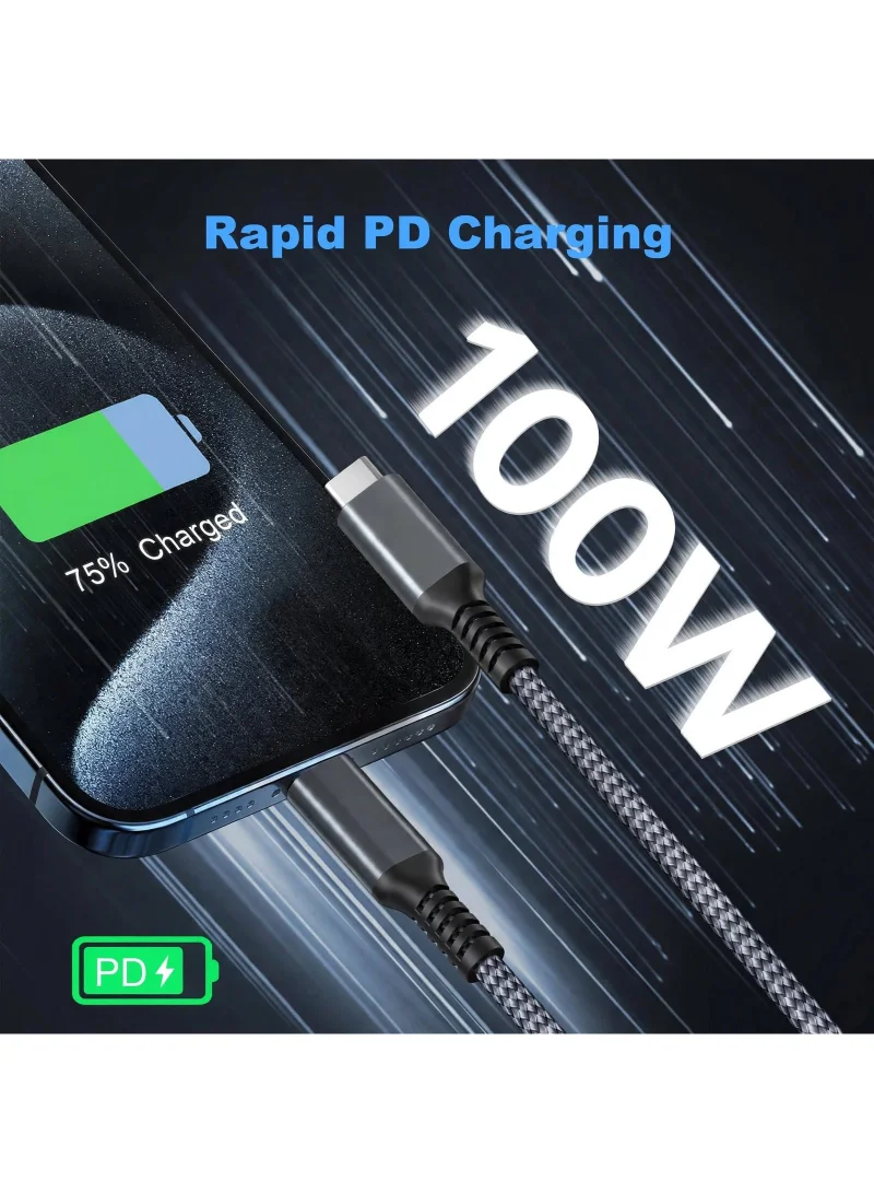 Mobcos USB-C to USB-C Cable 100W Fast Charging, 2 Meter Nylon Braided Type-C Cable with Aluminum Alloy Connectors, PD Fast Charging and Data Sync, Grey