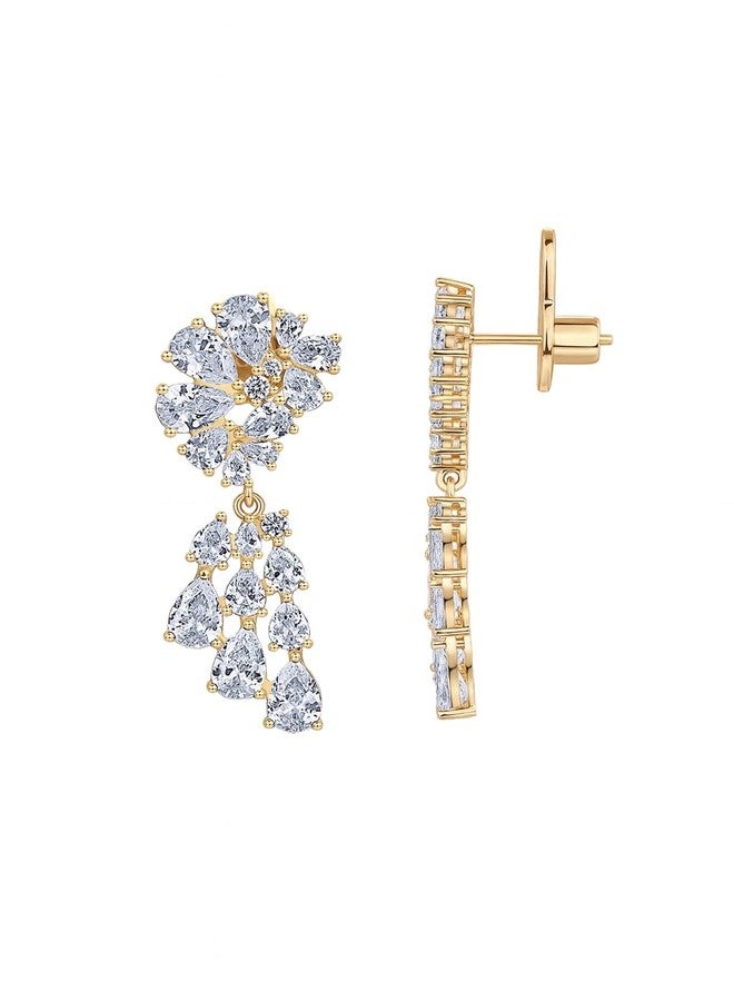 بافوا أقراط متدلية مرصعة بالكريستال مطلية بالذهب الأصفر عيار 14 قيراطًا من بافوي للنساء - أقراط متدلية من الفضة الإسترليني عيار 925 مرصعة بالزركونيا المكعبة للعرائس - أقراط طويلة مرصعة بالكريستال مكونة من جزأين - مجوهرات زفاف - Image 1