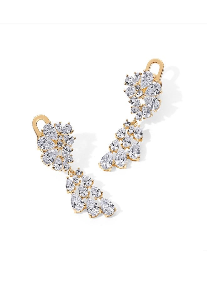 بافوا أقراط متدلية مرصعة بالكريستال مطلية بالذهب الأصفر عيار 14 قيراطًا من بافوي للنساء - أقراط متدلية من الفضة الإسترليني عيار 925 مرصعة بالزركونيا المكعبة للعرائس - أقراط طويلة مرصعة بالكريستال مكونة من جزأين - مجوهرات زفاف - Image 3