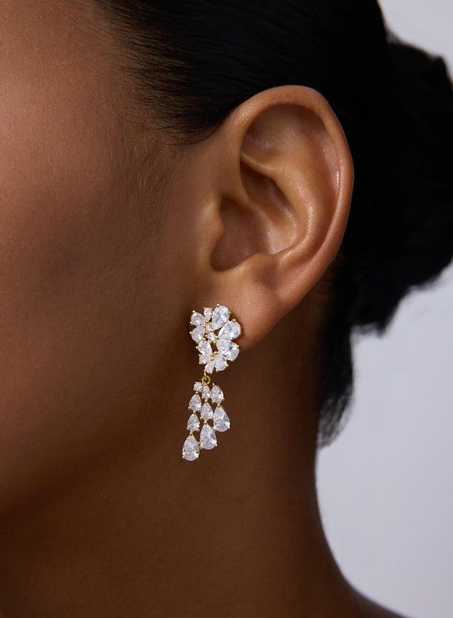 بافوا أقراط متدلية مرصعة بالكريستال مطلية بالذهب الأصفر عيار 14 قيراطًا من بافوي للنساء - أقراط متدلية من الفضة الإسترليني عيار 925 مرصعة بالزركونيا المكعبة للعرائس - أقراط طويلة مرصعة بالكريستال مكونة من جزأين - مجوهرات زفاف - Image 2