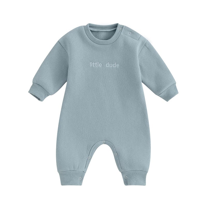 allshope Newborn Baby Boy Fall Outfit Romper Little Dude Embroidery Long Sleeve Jumpsuit Bodysuit Infant Winter Clothes (Blue, 0-3 Months) - Image 1