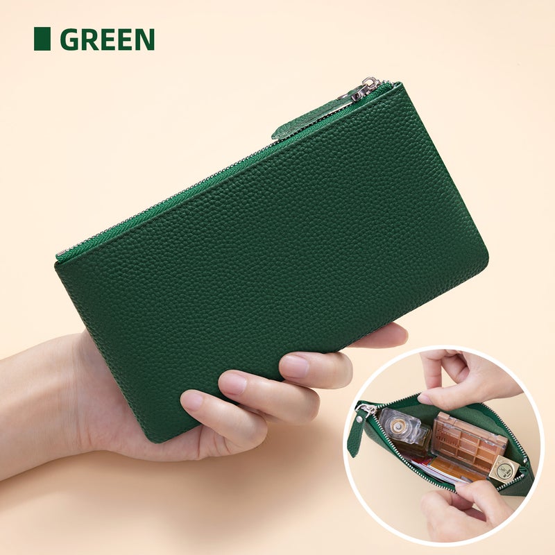 banyanu Portable genuine leather zippered coin purse, mini coin purse for women, can hold credit cards, folded banknotes, ID card, keys, earphones, lipstick, etc. (Green) - Image 1