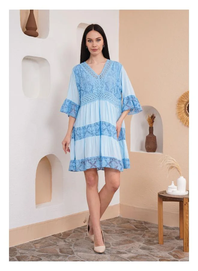 Hoxton Gal Lace Detail V-Neck Mini Dress with 3/4 Sleeves in Baby Blue