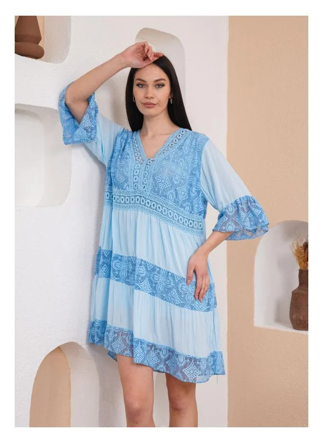 Hoxton Gal Lace Detail V-Neck Mini Dress with 3/4 Sleeves in Baby Blue