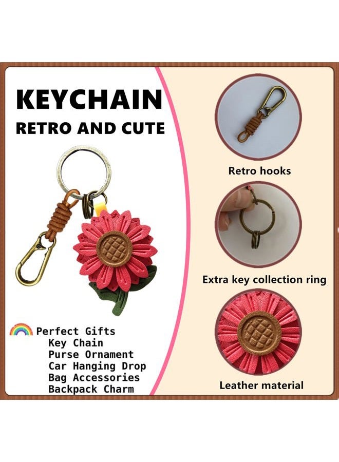 ZOUITY Leather Leaf Fruit Keychain Retro Accessories,Cute Keychains for Women Wallet Bag,Purse Keyring Holder,Women's Key Organizer and Keychains Pendant Charms(Red Daisy) - Image 4