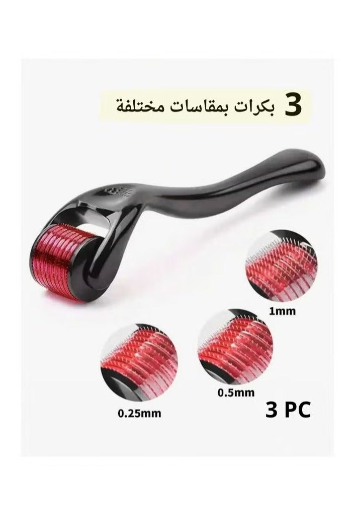 ٣ بكرات مع إبر دقيقة (٠.٢٥ - ٠.٥ - ١) مم، مع ٥٤٠ إبرة لإعادة نمو الشعر واللحية. أسود/أحمر - Image 1