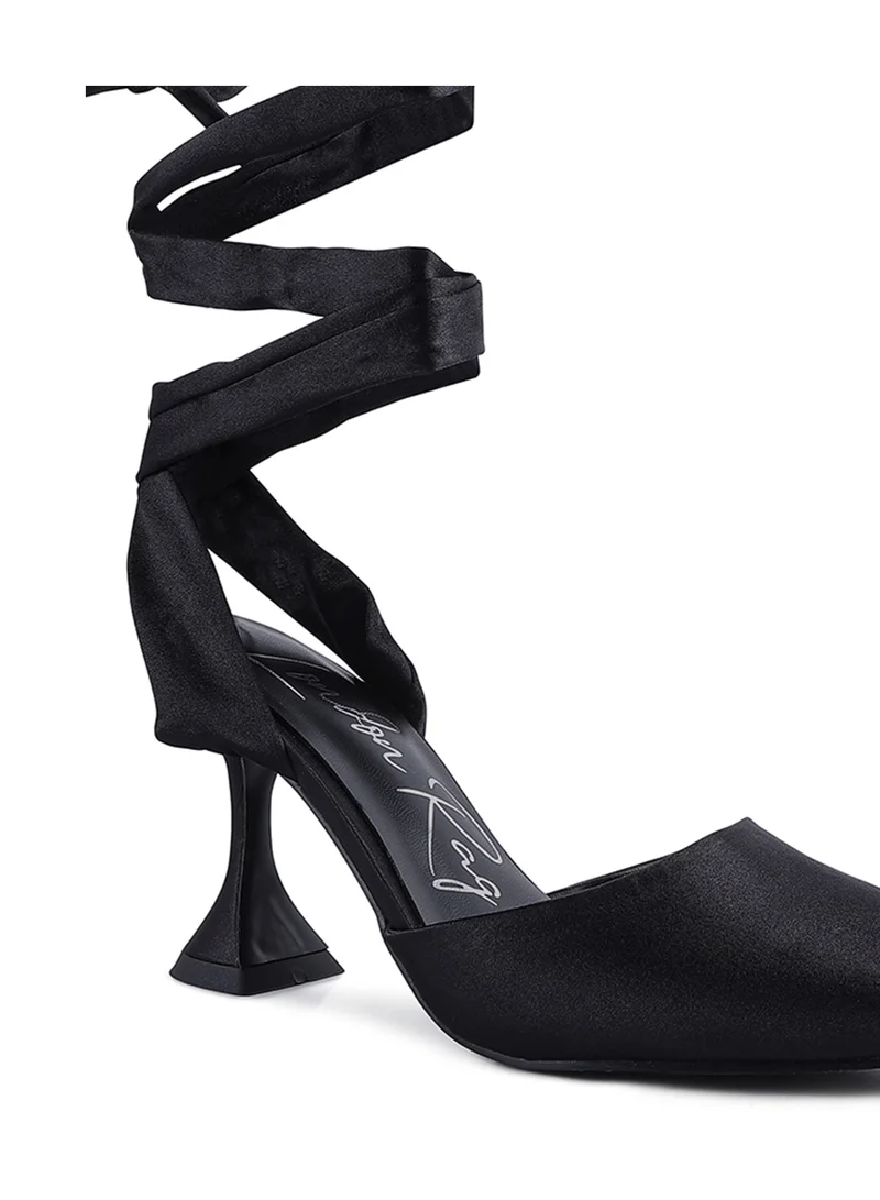 London Rag Spool Heel Tie Up Satin Sandals in Black
