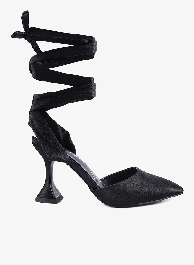 Spool Heel Tie Up Satin Sandals in Black