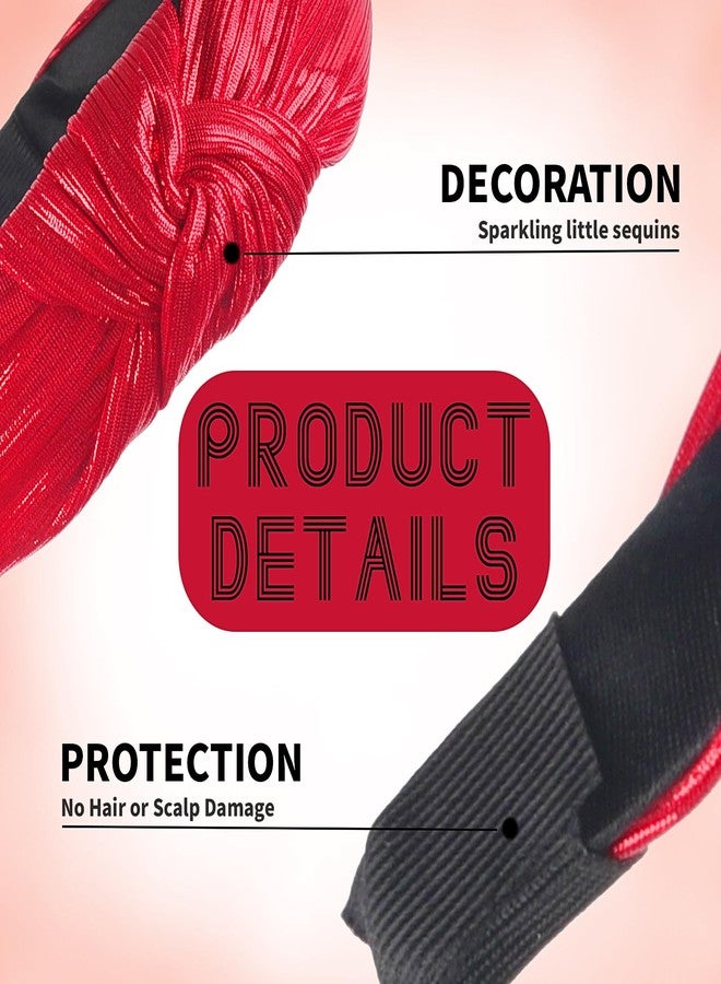 SARATA Christmas Knotted Headbands For Women Girls Glitter Wide Knot Hair Bands Hair Accessories for Xmas New Year Birthday Party Supplies (red, 1 Count (Pack of 1)) - Image 2