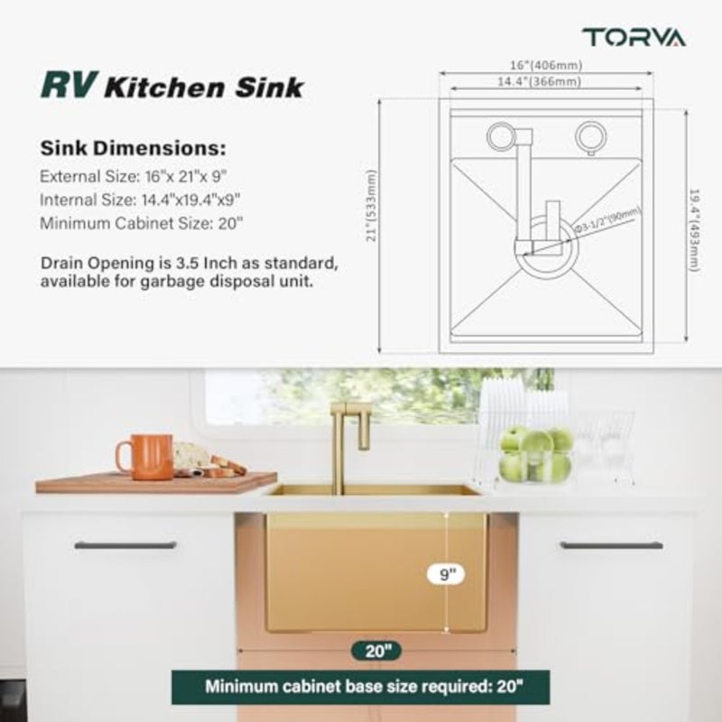 حوض مطبخ RV، حوض بار مثبت أسفله مقاس 40 × 53 × 23 سم من الفولاذ المقاوم للصدأ حوض محطة عمل بوعاء واحد مع صنبور ولوحة تقطيع، ذهبي - Image 3