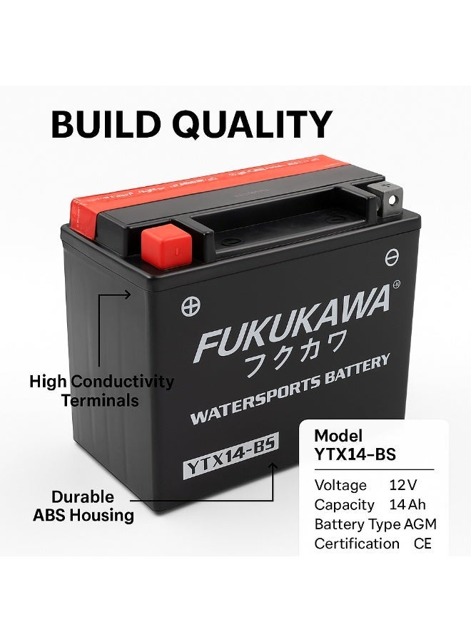 Fukukawa بطارية فوكوكاوا YTX14-BS بجهد 12 فولت وسعة 14 أمبير مع 6 عبوات حمض، بطارية رصاص قابلة لإعادة التعبئة للدراجات النارية والدبابات والسكوترات (200 CCA) - Image 5