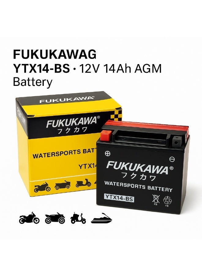 Fukukawa بطارية فوكوكاوا YTX14-BS بجهد 12 فولت وسعة 14 أمبير مع 6 عبوات حمض، بطارية رصاص قابلة لإعادة التعبئة للدراجات النارية والدبابات والسكوترات (200 CCA) - Image 2