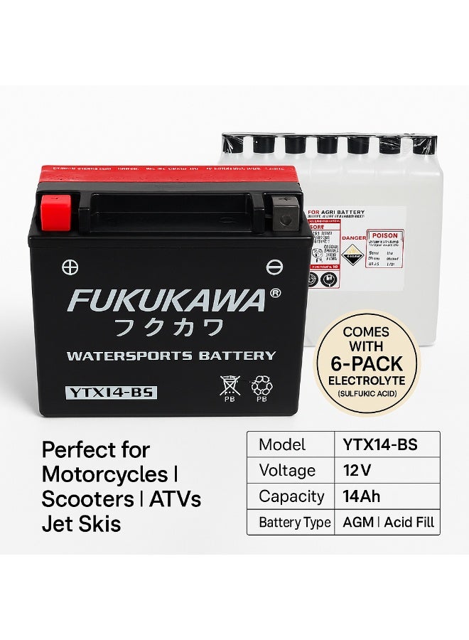Fukukawa بطارية فوكوكاوا YTX14-BS بجهد 12 فولت وسعة 14 أمبير مع 6 عبوات حمض، بطارية رصاص قابلة لإعادة التعبئة للدراجات النارية والدبابات والسكوترات (200 CCA) - Image 4