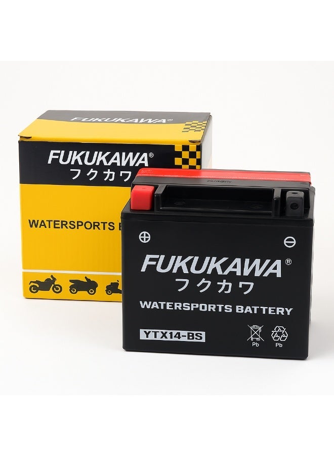 Fukukawa بطارية فوكوكاوا YTX14-BS بجهد 12 فولت وسعة 14 أمبير مع 6 عبوات حمض، بطارية رصاص قابلة لإعادة التعبئة للدراجات النارية والدبابات والسكوترات (200 CCA) - Image 1