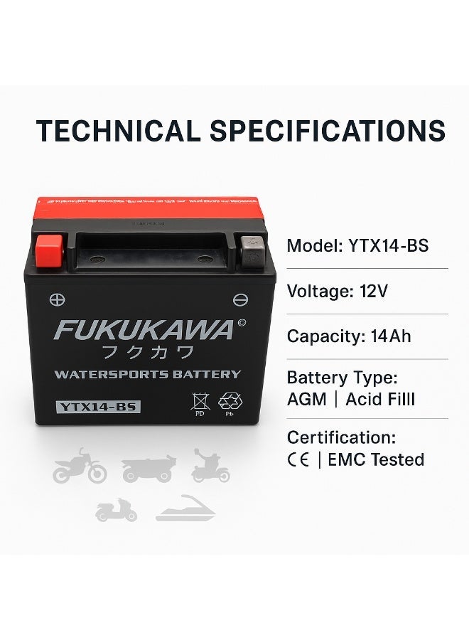 Fukukawa بطارية فوكوكاوا YTX14-BS بجهد 12 فولت وسعة 14 أمبير مع 6 عبوات حمض، بطارية رصاص قابلة لإعادة التعبئة للدراجات النارية والدبابات والسكوترات (200 CCA) - Image 3
