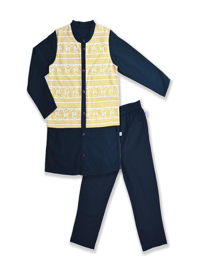 Pranava 100% Organic Cotton Kurta with Glitter Print Attached Jacket & Pajama Set - Navy (Navy, 1-2 Years) - Image 1