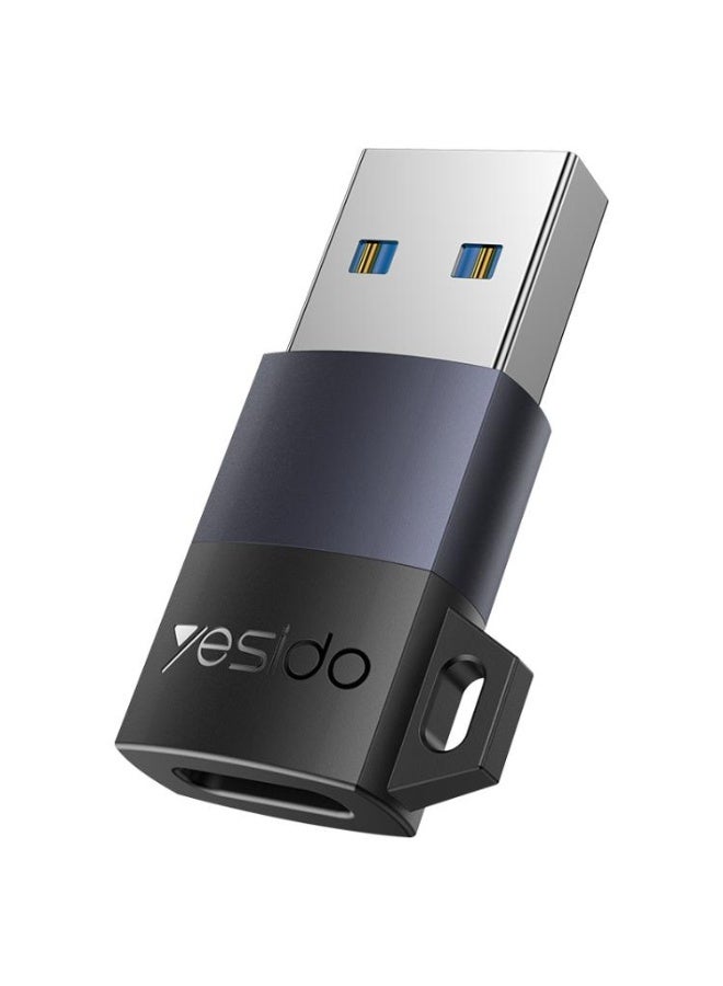 YESIDO GS34 Type-C Female to USB 2.0 Male Adapter, 18W Charging and Data Sync - Durable Aluminum Alloy with Lanyard - Black - Image 1