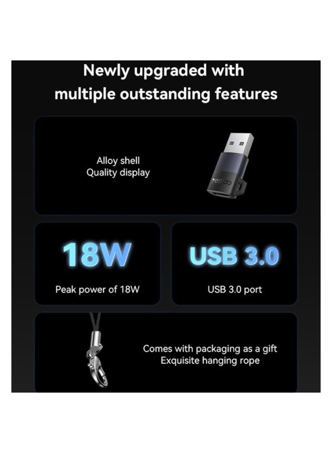 YESIDO GS34 Type-C Female to USB 2.0 Male Adapter, 18W Charging and Data Sync - Durable Aluminum Alloy with Lanyard - Black - Image 3