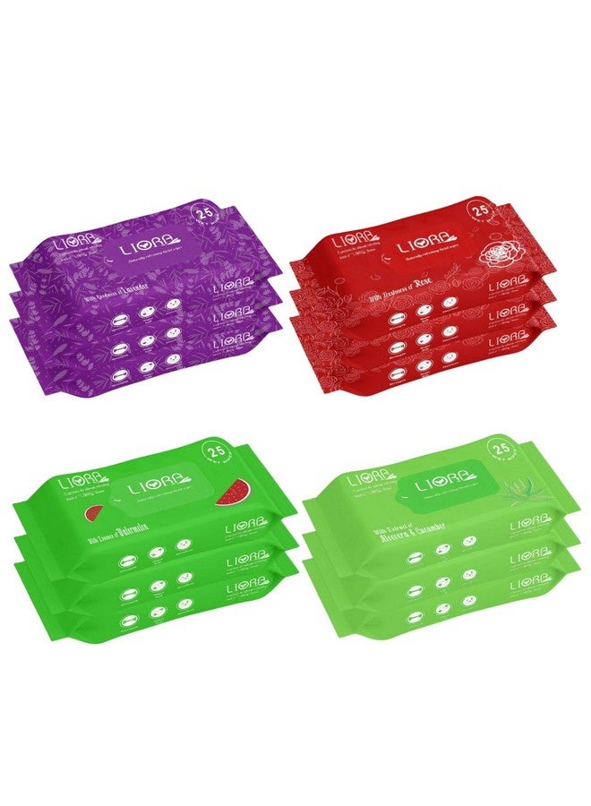 Liora Wet Wipes, Daily Cleansing, Refreshing & Moisturizing Facial Wipes | Aloe Vera Enriched | Rose, Lavender, Watermelon & Cucumber | Anti-Acne, Biodegradable | 25 Wipes Each, Pack of 12 (300 Wipes) - Image 1