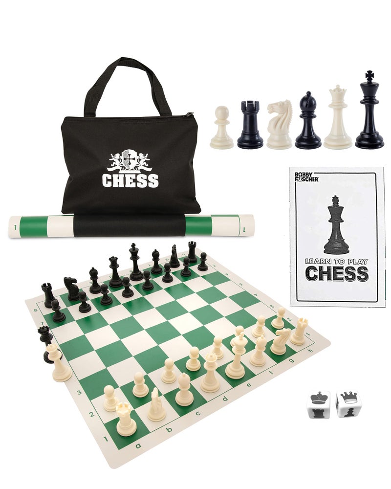 WE Games Best Value Tournament Chess Set Includes 34 Chessmen Roll Up Green Vinyl Chess Board Storage Bag for Pieces Instructions and Equalizer Dice Travel Board Games for Adults - Image 3
