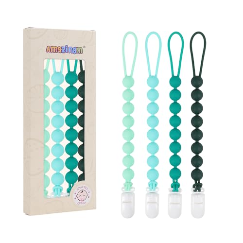 AmazingM 4 Pcs Green Baby Silicone Teething Pacifier Clip,One-Piece Design,Round Shape,Smooth Surface,BPA Free. - Image 1