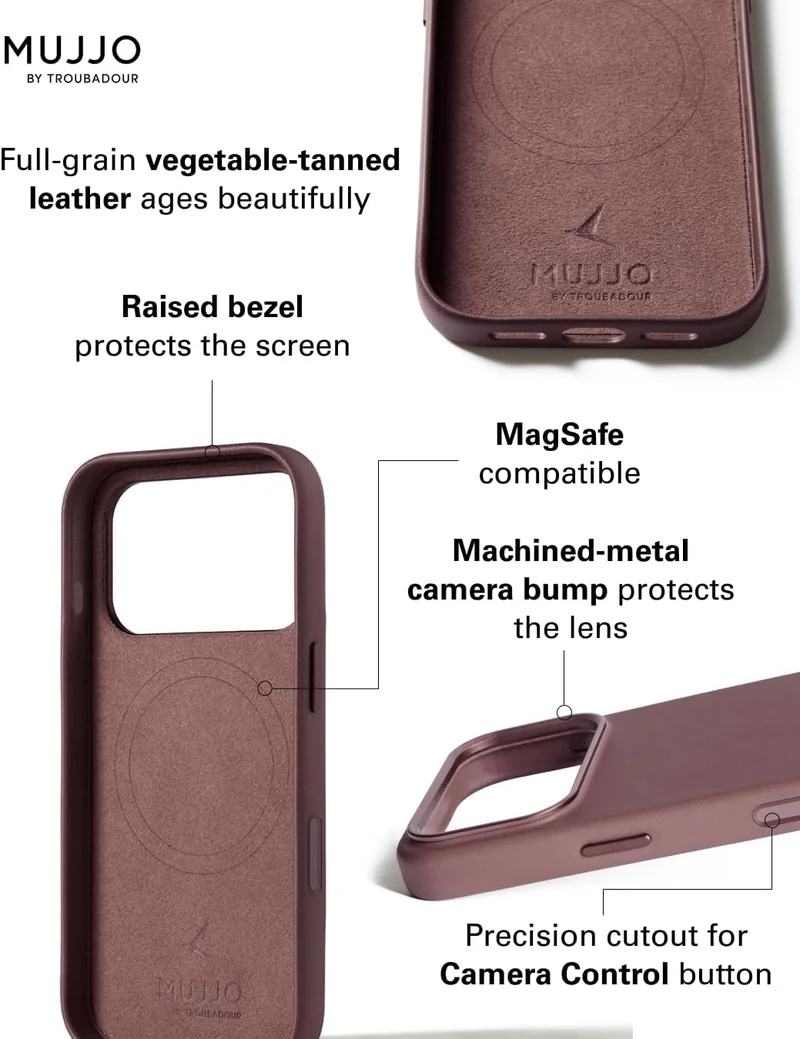 Mujjo iPhone 17 Pro Leather Case - Bronze Red With Magsafe. Crafted From Premium Leather, This Luxurious Case Combines Elegance and Durability, Providing a Sleek, Sophisticated Look While Offering Superior Protection.