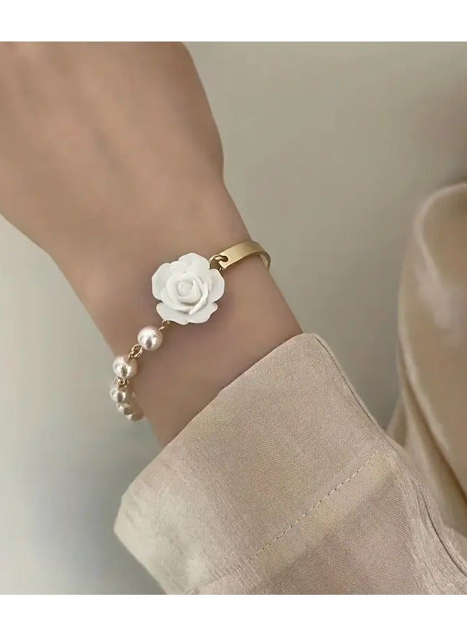 Home Clearance Sale Versatile Bracelet Elegant Women's Rose Golden Bracelet with White Flower & Pearl Accents - Chic Alloy Hand Jewelry with Bow Detail, Ideal for Daily Wear & Gifting, Bracelet Charms - Image 1