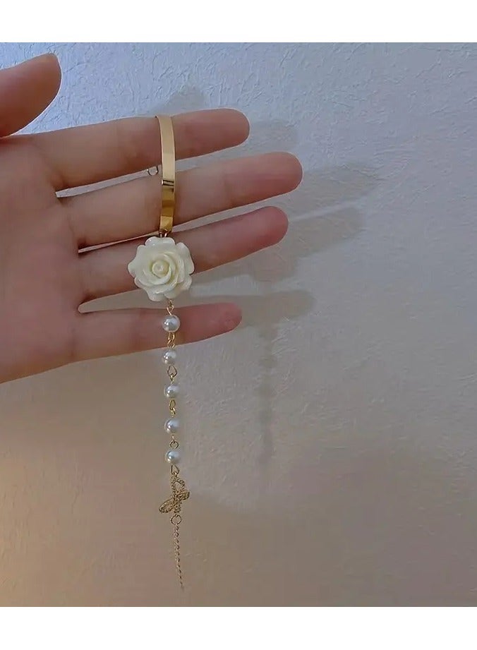 Home Clearance Sale Versatile Bracelet Elegant Women's Rose Golden Bracelet with White Flower & Pearl Accents - Chic Alloy Hand Jewelry with Bow Detail, Ideal for Daily Wear & Gifting, Bracelet Charms - Image 2