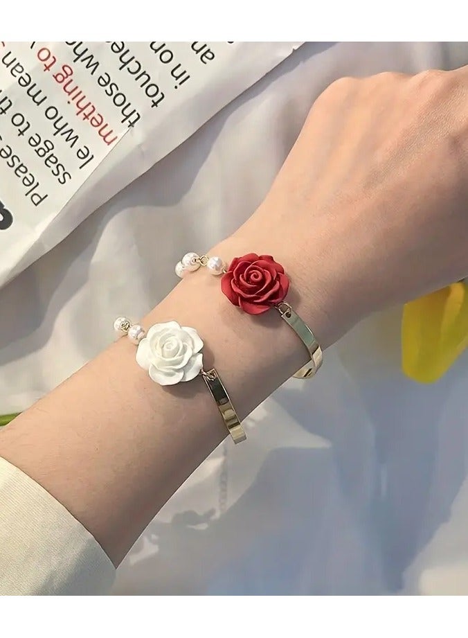 Home Clearance Sale Versatile Bracelet Elegant Women's Rose Golden Bracelet with White Flower & Pearl Accents - Chic Alloy Hand Jewelry with Bow Detail, Ideal for Daily Wear & Gifting, Bracelet Charms - Image 3